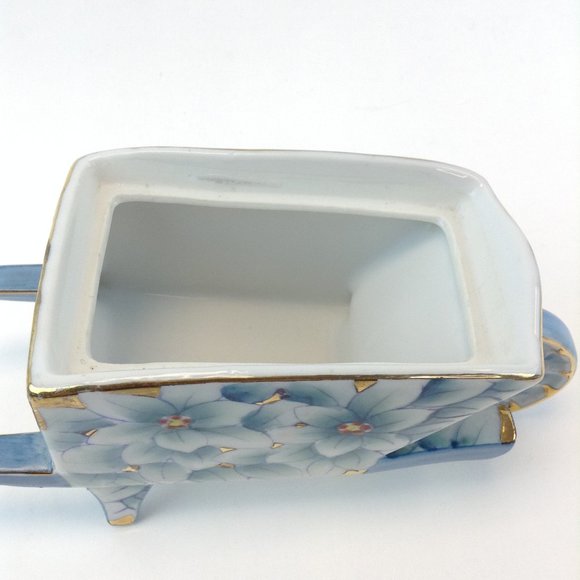 Vintage Shofu China Wheelbarrow Planter Blue/White Flowers w/Gold Made in Japan - Picture 10 of 15
